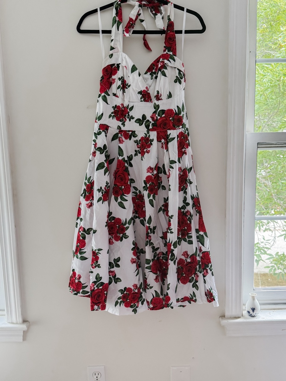 Hell Bunny White Dress with Red Rose Print Backless